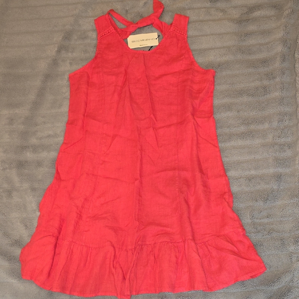 NEW Terzo Millennio Elegant Coral Sleeveless Midi Dress 100% Linen Made In Italy